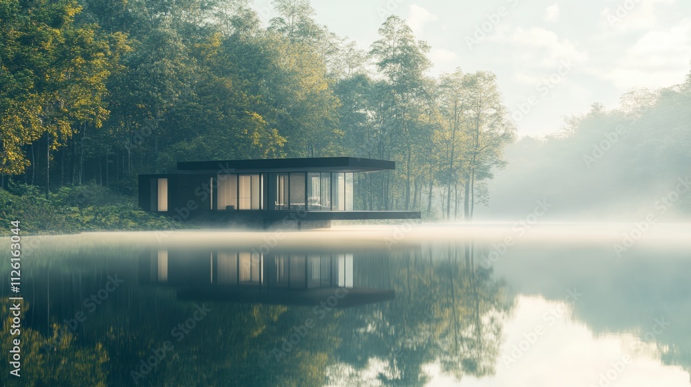 Fototapeta premium A contemporary home reflecting on a serene lake, surrounded by the soft fog of a dense forest.