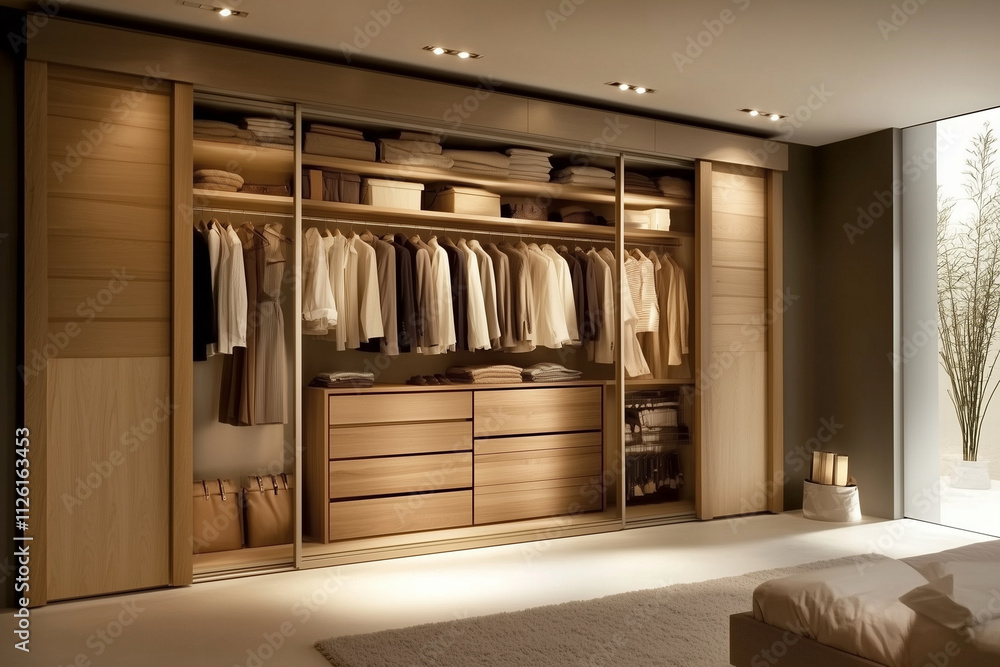 large walk in closet with a lot of clothes hanging on the racks. The closet is made of wood and has a lot of light coming in from the windows large walk in closet with a lot of clothes hanging on the racks. The closet is made of wood and has a lot of light coming in from the windows