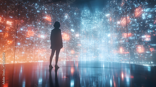 Silhouette exploring an immersive digital landscape with vibrant lights and data projections in a modern exhibition space