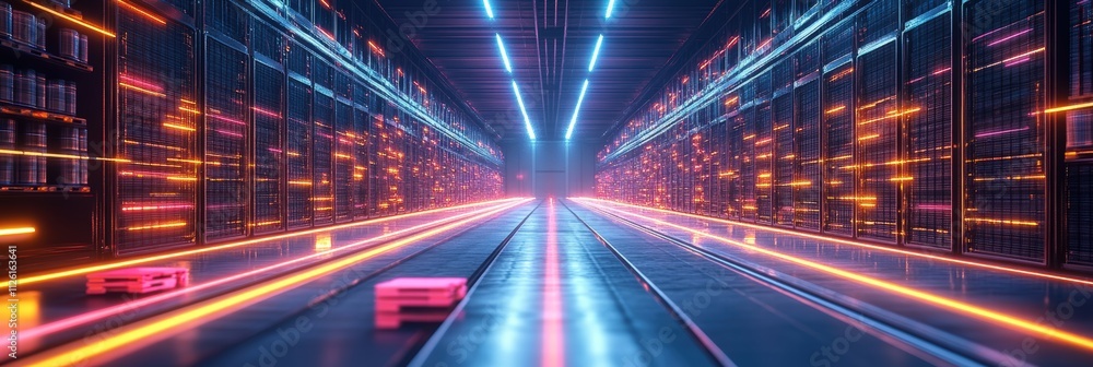 Obraz premium Futuristic Technology Retail Warehouse: Digitalization and Visualization of Industry 4. 0 Process that Analyzes Goods