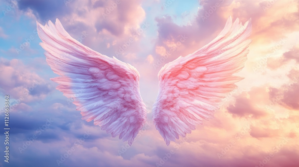 Obraz premium Angel wings with soft pastel gradients blending into a serene evening sky with delicate clouds