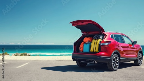 Red SUV Packed for a Beach Vacation