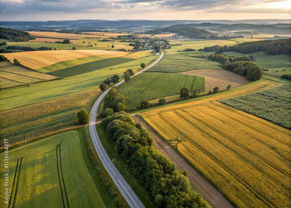 Fototapeta premium landscape with a road in the background, Drone View of Agricultural Fields with Country Road in a Picturesque Farm Landscape