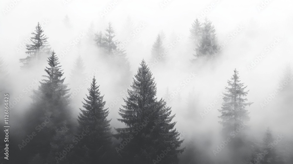 Misty Mountaintop Evergreen Forest in Monochrome. Misty Mountaintop Evergreen Forest in Monochrome.