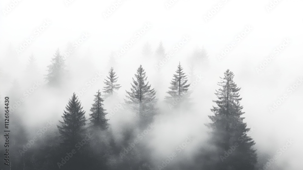 Misty Mountaintop. Enveloped in Fog, a Coniferous Forest Stands Tall. Misty Mountaintop. Enveloped in Fog, a Coniferous Forest Stands Tall.