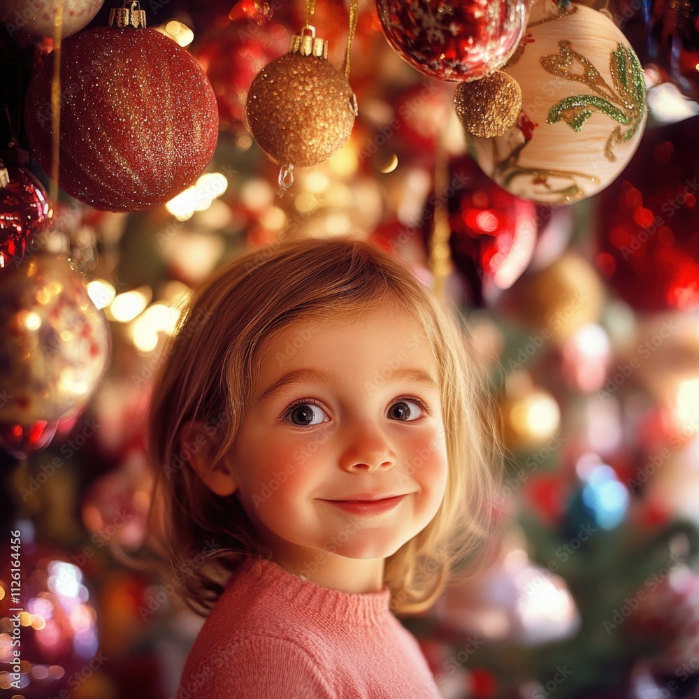 smiling child surrounded by festive ornaments smiling child surrounded by festive ornaments