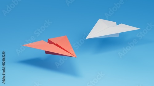 Different business concept.new ideas. paper art style. creative idea.Red and white paper plane. Leaderplane concept.3D rendering on blue background. photo