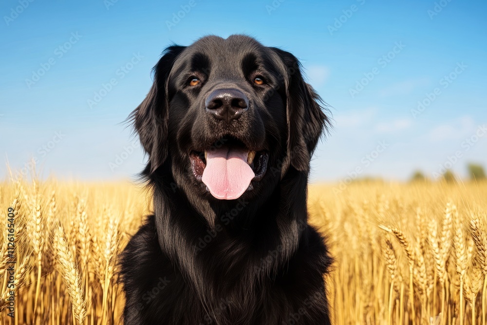 A happy black dog with a wide smile in a golden wheat field under a blue sky. A happy black dog with a wide smile in a golden wheat field under a blue sky.