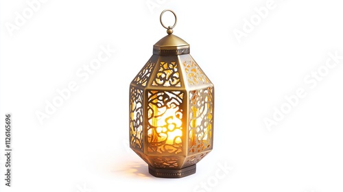 A golden Arabic lantern with intricate cutwork patterns, illuminated by soft light on an isolated white background, creating a warm and inviting atmosphere for Ramadan photo