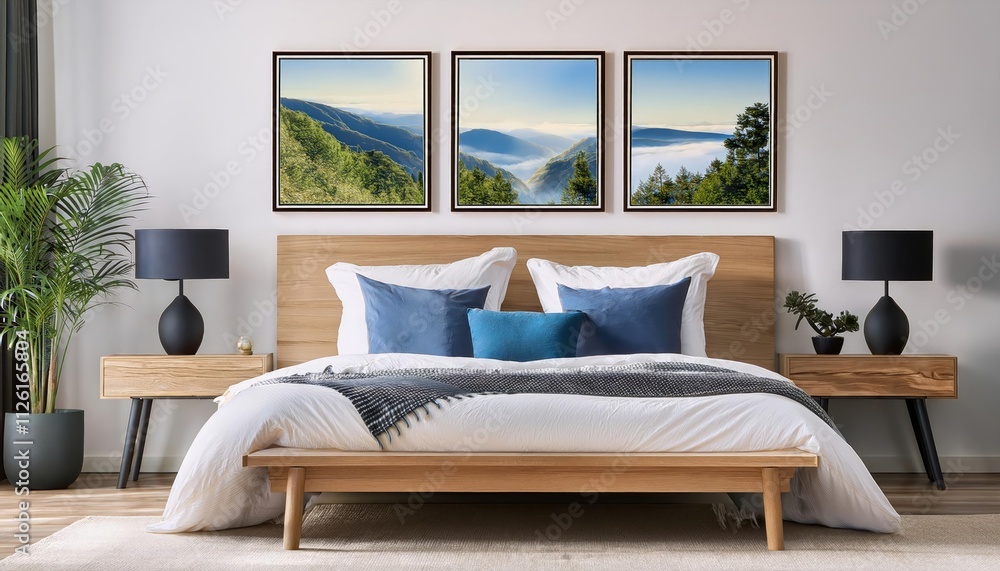 A cozy bedroom with a wooden bed, blue and white bedding, and three landscape photos above the bed, flanked by wooden nightstands with lamps and plants A cozy bedroom with a wooden bed, blue and white bedding, and three landscape photos above the bed, flanked by wooden nightstands with lamps and plants