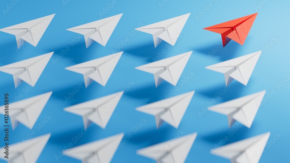 Different business concept.new ideas. paper art style. creative idea.Red and white paper plane. Leaderplane concept.3D rendering on blue background. Different business concept.new ideas. paper art style. creative idea.Red and white paper plane. Leaderplane concept.3D rendering on blue background.