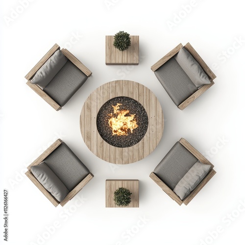A stylish outdoor seating area featuring five chairs arranged around a circular fire pit, creating a cozy atmosphere for gatherings.