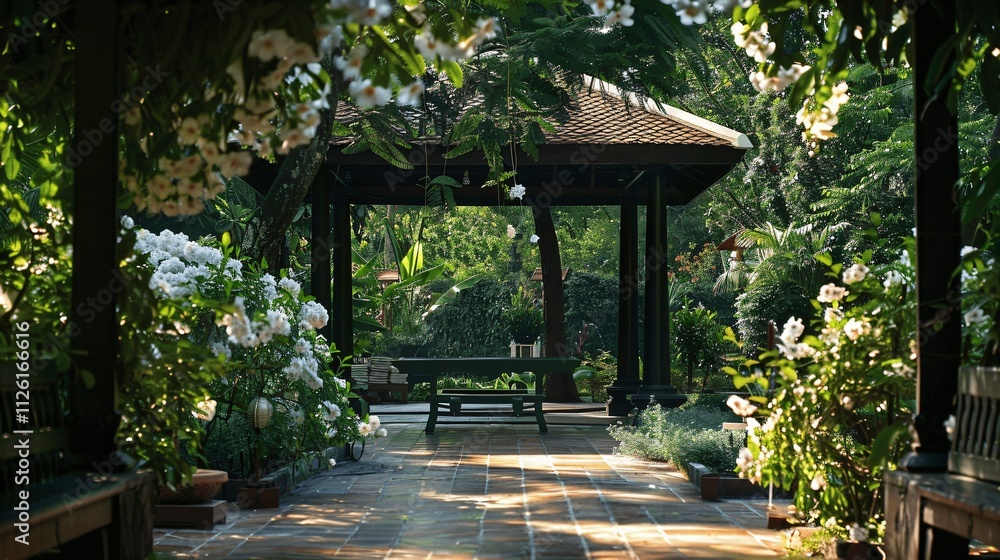 Serene Garden Pathway with Lush Greenery and Blooming Flowers Serene Garden Pathway with Lush Greenery and Blooming Flowers
