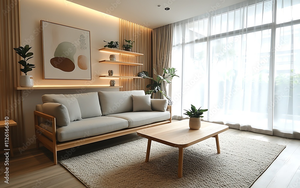 Minimalist living room with natural light and wooden furniture. (2) Minimalist living room with natural light and wooden furniture. (2)