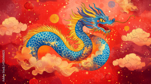 illustration Colorful Chinese new year dragon illustration on red background