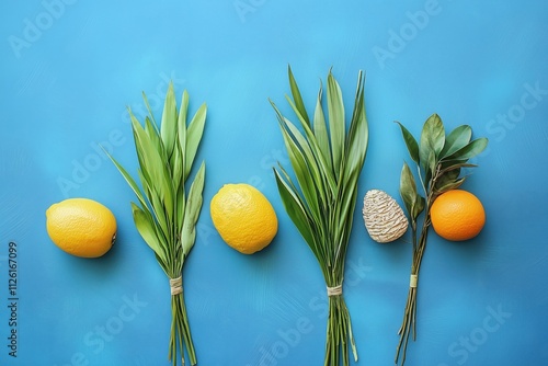 symbols of the Sukkot holiday on a blue background photo