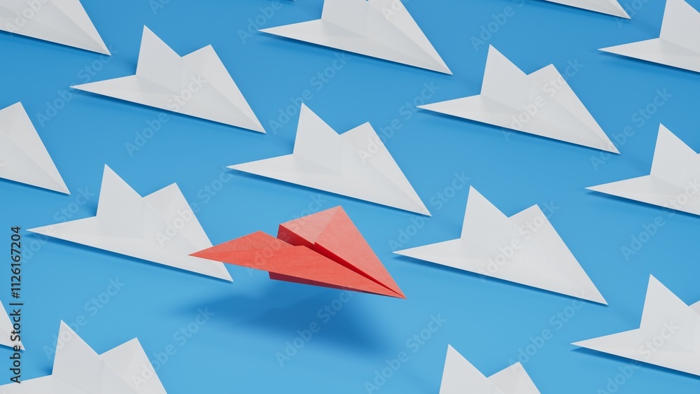 Different business concept.new ideas. paper art style. creative idea. red leader plane, standing out from the crowd of white planes.3D rendering on blue background. Different business concept.new ideas. paper art style. creative idea. red leader plane, standing out from the crowd of white planes.3D rendering on blue background.