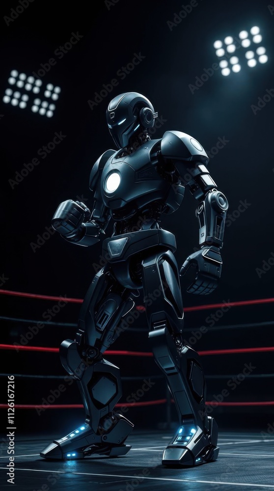 Naklejka premium Futuristic Robotic Boxer in High-Tech Arena