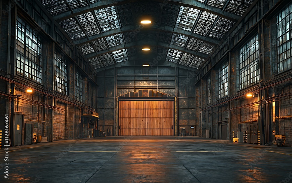 Empty industrial warehouse interior with large wooden gate. Empty industrial warehouse interior with large wooden gate.