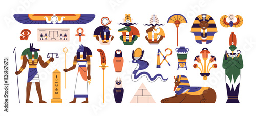 Items of ancient Egypt culture set. History monuments, old Egyptian gods and goddesses: Anubis, Sobek, Sekhmet, Sphinx. Elements of African mythology. Flat isolated vector illustrations on white
