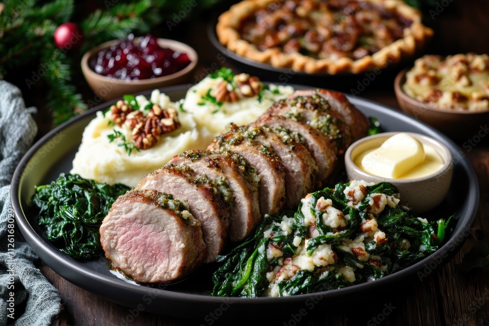 A festive plate featuring sliced pork, mashed potatoes, greens, and pie, perfect for holiday dining. A festive plate featuring sliced pork, mashed potatoes, greens, and pie, perfect for holiday dining.