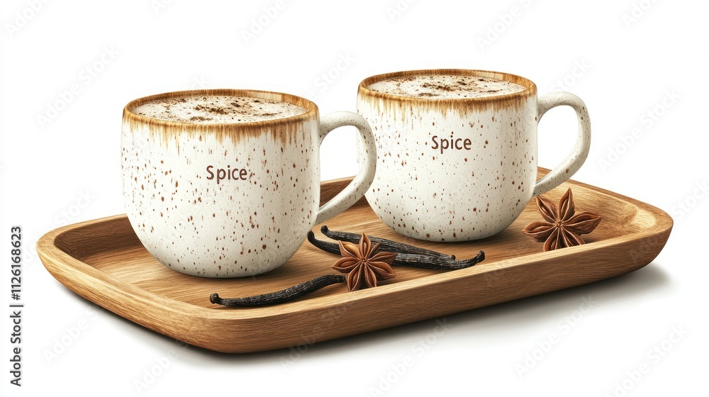 Two cups of spiced beverage on a wooden tray with star anise and vanilla pods.