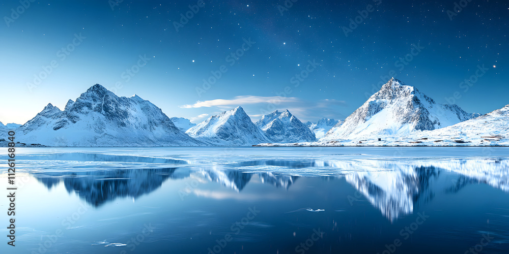 Magnificent mountains and very beautiful and quiet lake against the background of the starry sky in winter. Polar, snow, mountain, lake, commercial, advertising, outdoor, wallpaper, background Magnificent mountains and very beautiful and quiet lake against the background of the starry sky in winter. Polar, snow, mountain, lake, commercial, advertising, outdoor, wallpaper, background