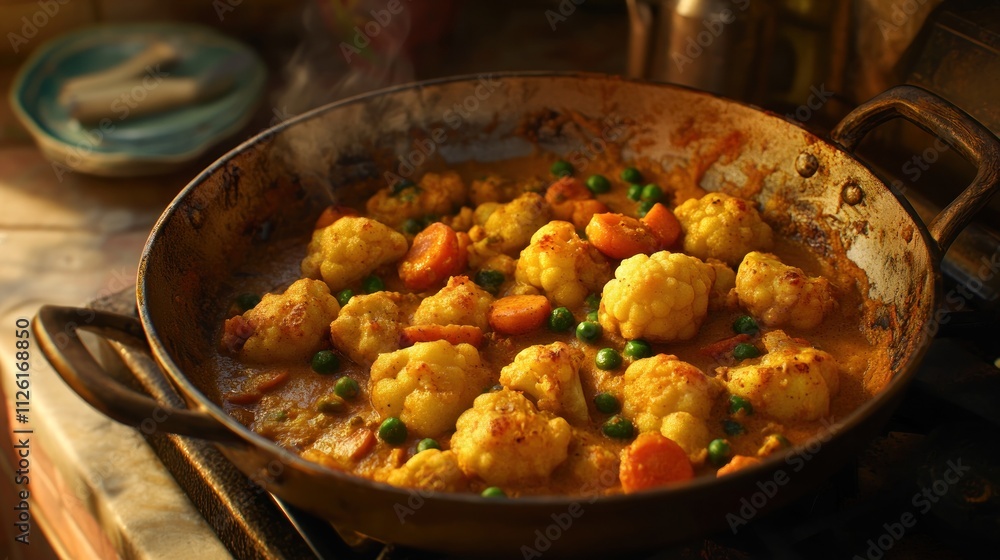 A vibrant dish of cauliflower, carrots, and peas simmering in a flavorful sauce. A vibrant dish of cauliflower, carrots, and peas simmering in a flavorful sauce.