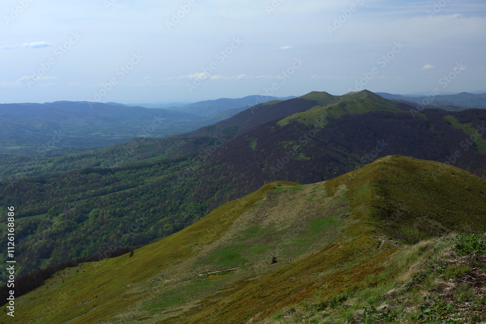 Polonina Wetlinska view from Polonina Carynska in Bieszczady mountain range, Poland Polonina Wetlinska view from Polonina Carynska in Bieszczady mountain range, Poland