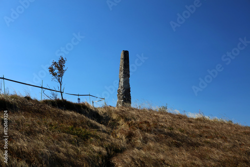 Obraz na płótnie Old surveying pole on the top of Wielka Rawka peak in Bieszczady mountain range, Poland w salonie