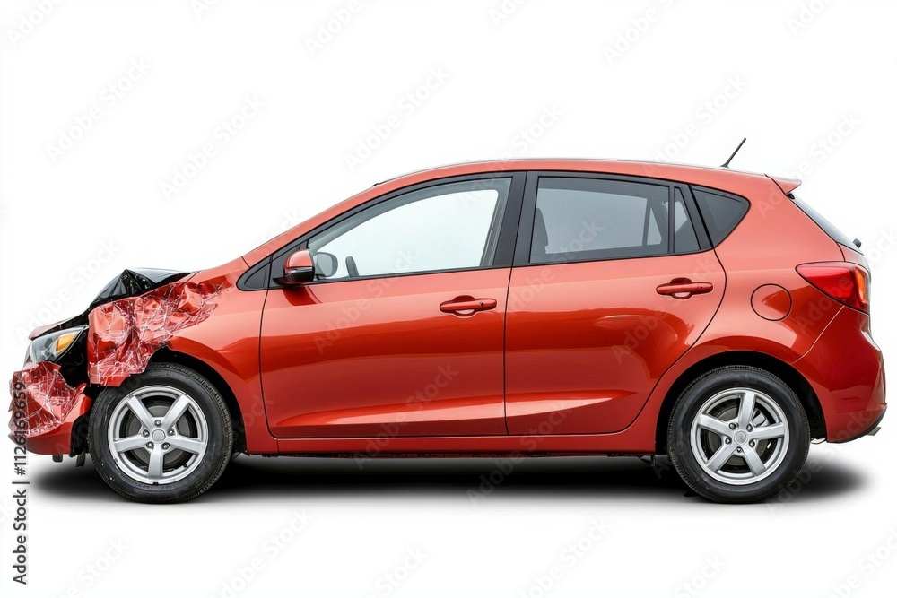 red car hatchback with a dent after an accident , isolated on white background, , copy space, copy space for text, red car hatchback with a dent after an accident , isolated on white background, , copy space, copy space for text,