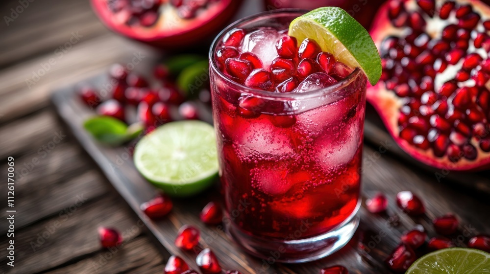 A refreshing pomegranate drink garnished with lime and surrounded by fresh pomegranate seeds. A refreshing pomegranate drink garnished with lime and surrounded by fresh pomegranate seeds.
