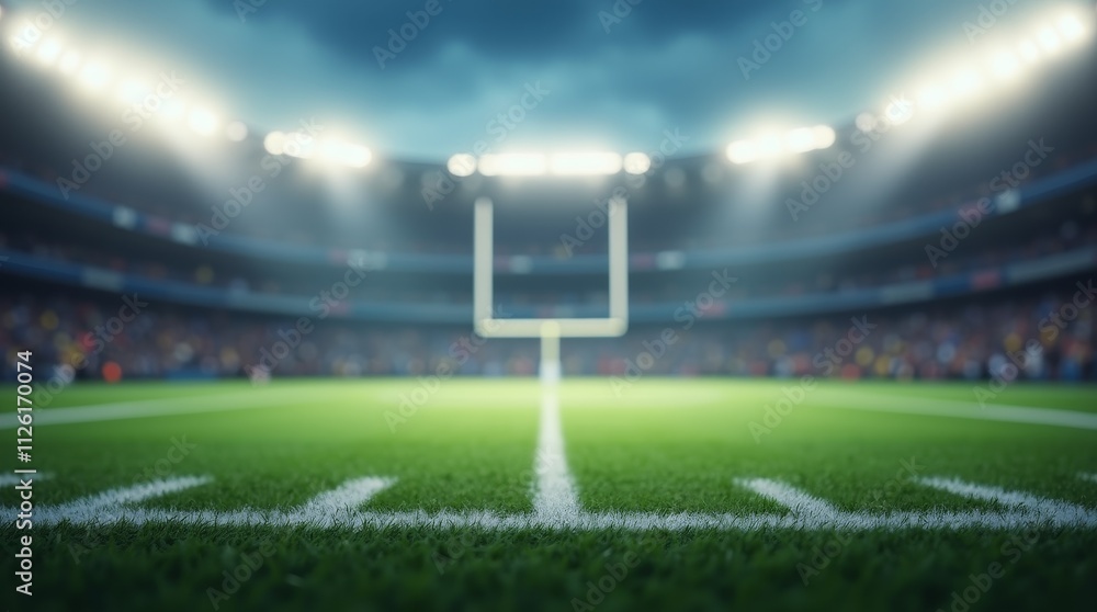 Fototapeta premium Green football field with yard lines and goalposts in a large stadium under bright floodlights, ready for a game
