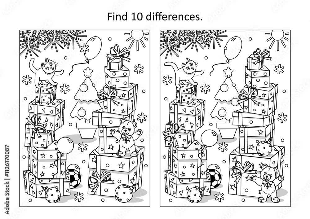 Difference game with plenty of presents, cat and teddy bear. Christmas, New Year, winter holidays. Coloring page.
Difference game with plenty of presents, cat and teddy bear. Christmas, New Year, winter holidays. Coloring page.