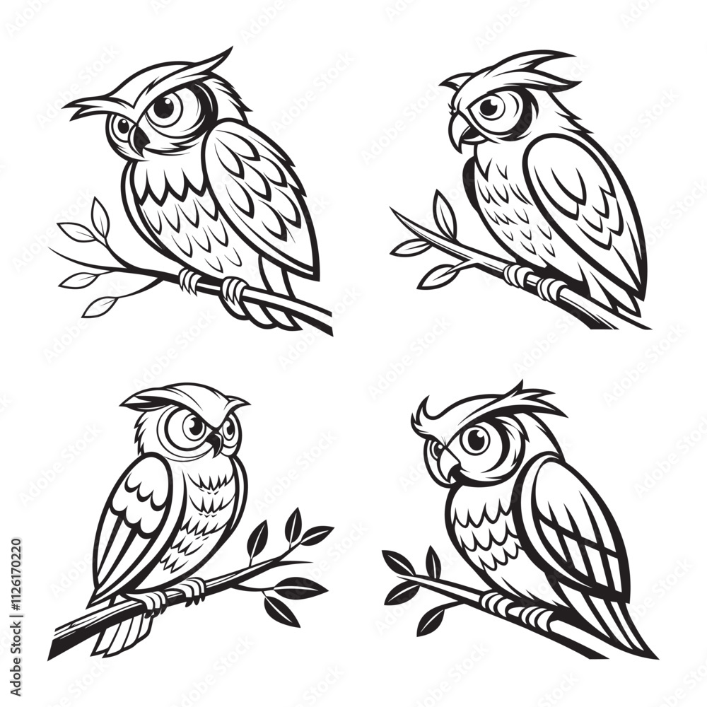 Obraz premium owl black and white vector illustration. wild owl stock illustrations set