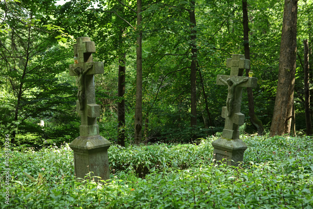 Grave shrines in old cemetery in former, abandoned village - Swierzowa Ruska in Low Beskids mountain range, Poland