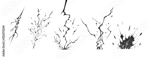 Lightning strike bolt silhouettes sequence vector illustration. Black thunderbolts and zippers are natural phenomena isolated on a dark background. Thunderstorm electric effect of light shining flash.