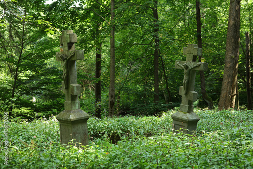 Obraz na płótnie Grave shrines in old cemetery in former, abandoned village - Swierzowa Ruska in Low Beskids mountain range, Poland w salonie