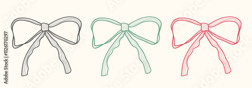 Cute pink hand drawn bow set with ribbons. Minimalist bowknot for wedding, birthday, christmas cards, poster, gift, frames. Ruffle vintage coquette bows. Doodle Sketch elements. Isolated vector illus
