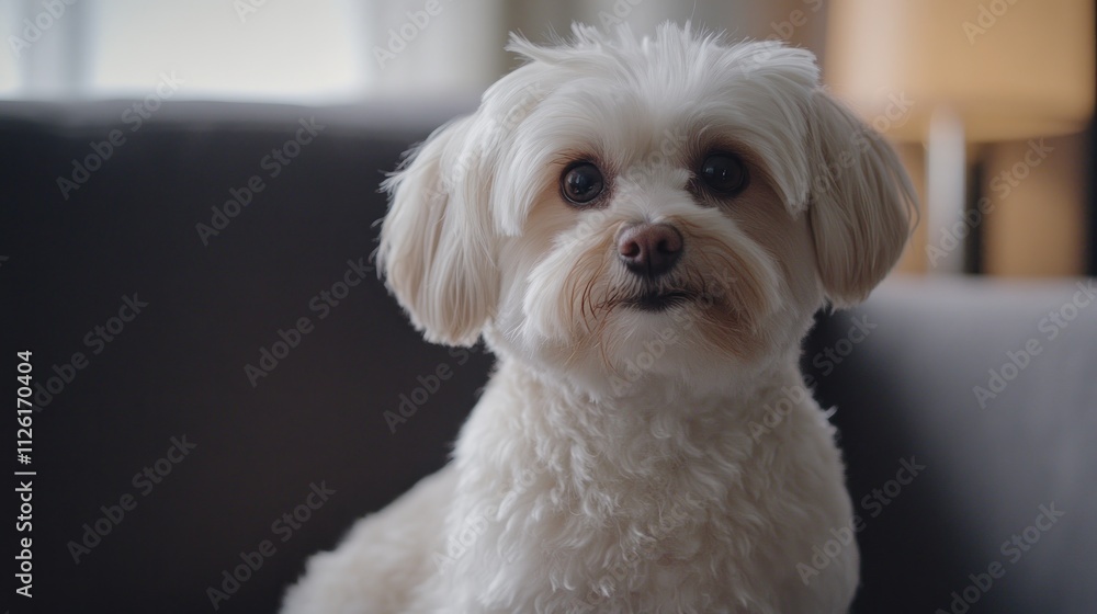 A fluffy dog sitting on a couch, looking directly at the camera with a curious expression. A fluffy dog sitting on a couch, looking directly at the camera with a curious expression.
