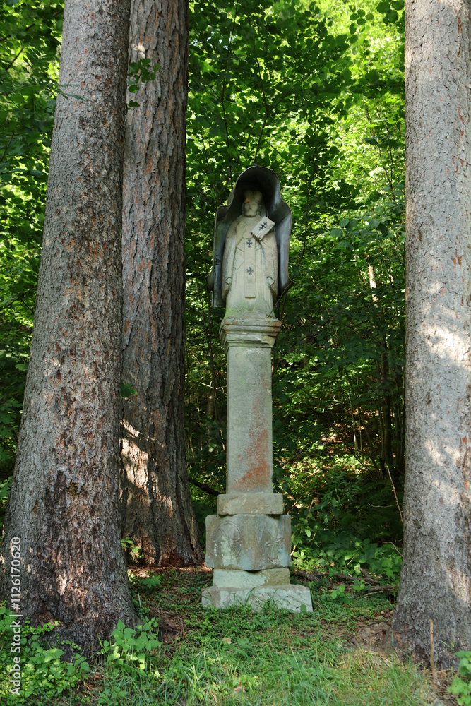 Old roadside shrine in former, abandoned village - Swierzowa Ruska in Low Beskid mountain range, Poland