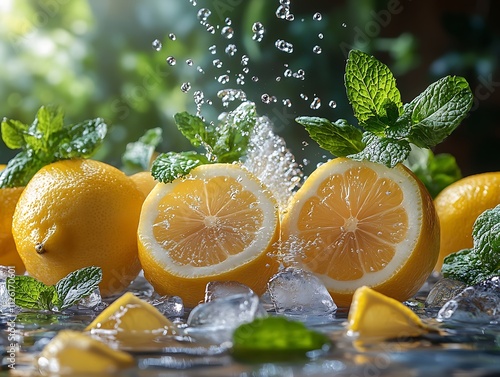 Fresh lemons with mint leaves and ice cubes, splashing water droplets