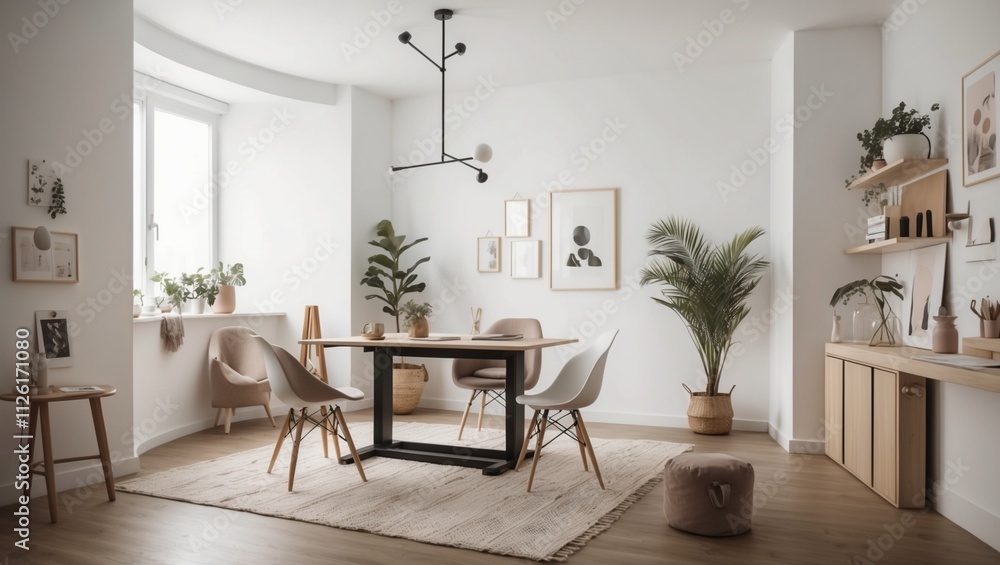 Wooden dining table with stylish chairs in a modern living room interior-Generated AI Wooden dining table with stylish chairs in a modern living room interior-Generated AI