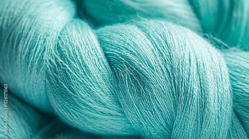 Bright turquoise woolen threads close-up, showcasing yarn for knitting and traditional craftwork photo