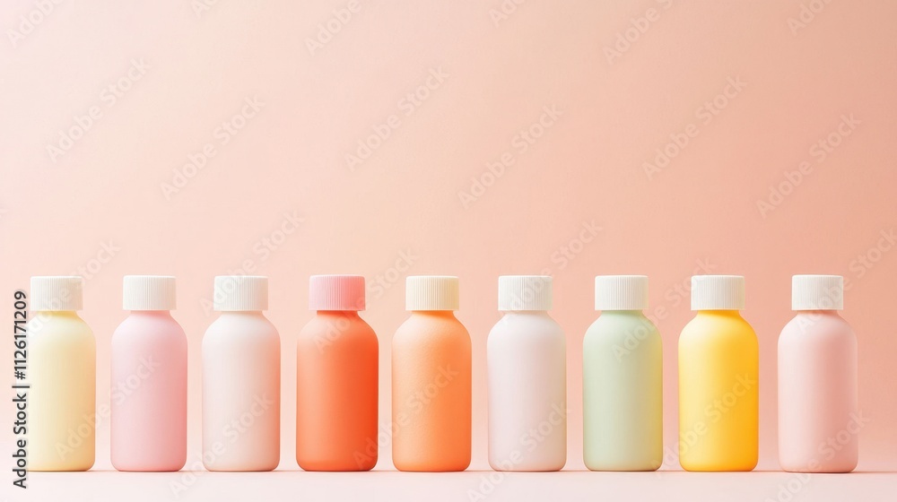Soft Pastel Colored Bottles in a Perfect Row on a Creamy Background Soft Pastel Colored Bottles in a Perfect Row on a Creamy Background