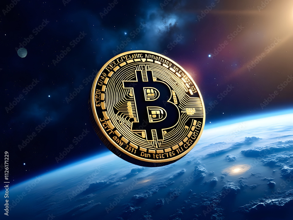 Bitcoin floating above Earth in a cosmic backdrop with distant galaxies and stars visible at dawn Bitcoin floating above Earth in a cosmic backdrop with distant galaxies and stars visible at dawn