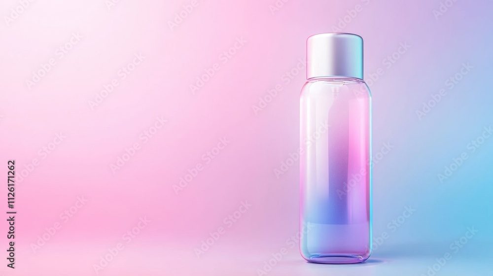 Elegant Transparent Bottle on Soft Pink and Blue Gradient Background Elegant Transparent Bottle on Soft Pink and Blue Gradient Background