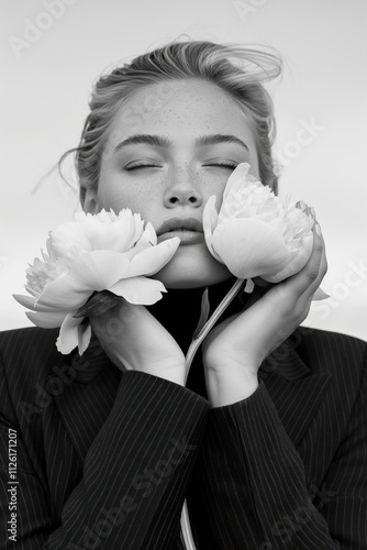 monochrome, portrait, blackandwhite, flowers, woman, beauty, artistic, elegance, serenity, soft, texture, face, petals, bloom, natural, minimalistic, creative, aesthetic, floral, closeup, emotion, tim