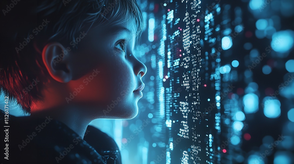 Little Child with Digital Code Data Overlay in a Cybersecurity Context Little Child with Digital Code Data Overlay in a Cybersecurity Context