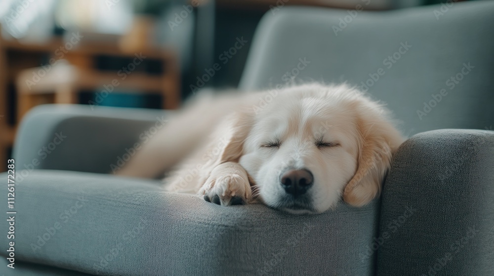 A sleeping golden retriever resting on a cozy couch. A sleeping golden retriever resting on a cozy couch.